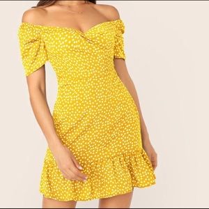 Gathered Sleeve Flounce Hem Off Shoulder Dress